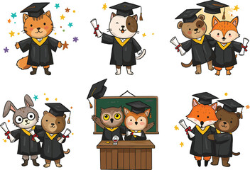 Cute animal graduation celebration, adorable cartoon characters in caps and gowns, diploma success, school achievement, kids education illustration, happy graduates vector background
