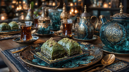 Fototapeta premium Traditional turkish, arabic dessert baklava assortment with pistachio. Ramadan sweets. with a mockup food box. Middle Eastern desserts with tea and honey for ramadan iftar.