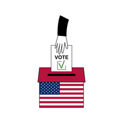 Illustration of a transparent ballot box with an American flag, a hand holding a voting ballot marked with a check, and the word 'VOTE' on a white background. 