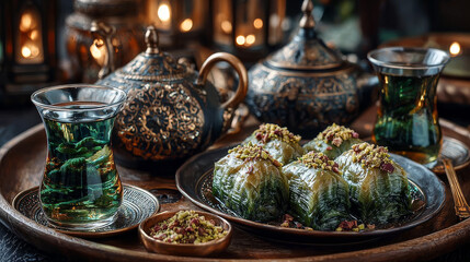 Fototapeta premium Traditional turkish, arabic dessert baklava assortment with pistachio. Ramadan sweets. with a mockup food box. Middle Eastern desserts with tea and honey for ramadan iftar.