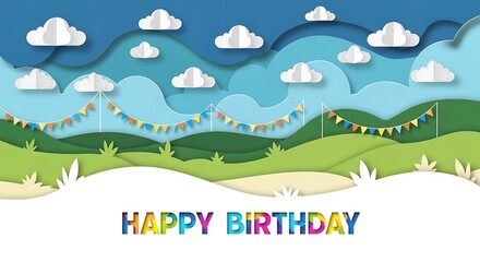 Obraz premium Colorful Birthday Banner in Paper Cutout Style with Clouds and Green Hills for Celebration