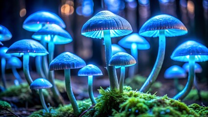 Fototapeta premium Bioluminescent mushrooms glowing in a forest