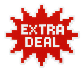 Obraz premium Red burst sticker featuring EXTRA DEAL offer in pixelated style, attention-grabbing retail promo offer on transparent background.