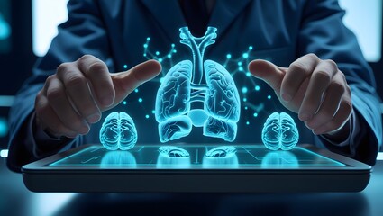 Futuristic medical professional interacts with holographic lungs and brains on a digital tablet; innovative healthcare technology concept; serene, cool blue tones.