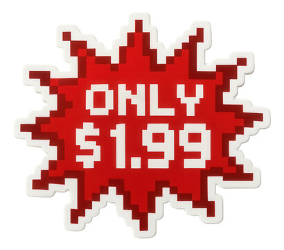 Bold red burst sticker with ONLY $1.99 sale in pixelated style, striking retail discount promo on transparent background.