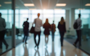 A blurred employees walking in the busy office. High quality