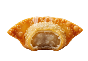 Freshly deep-fried golden-amber wonton, crispy, with a bite revealing steaming savory filling, isolated on a transparent background, extreme close-up macro, concept of irresistible deliciousness