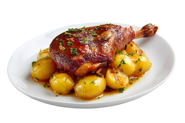 A classic Confit de Canard. A succulent duck leg with crispy skin, served with roasted baby potatoes on a white plate. A rich and flavorful French dish.