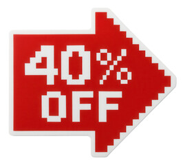 Red arrow sticker with 40% OFF discount in pixelated style, attention-grabbing retail promo offer on transparent background.