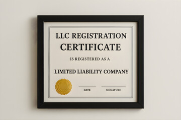 Framed LLC certificate hanging neatly on a wall, symbolizing professional recognition, achievement, education, or formal success in an office or corporate environment
