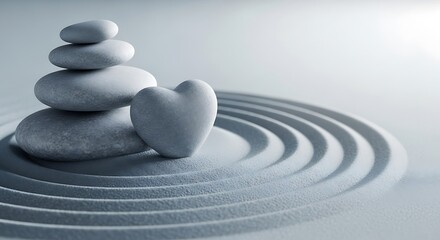 A serene zen garden display, featuring stacked stones and a heart shape, evokes a sense of peace and balance.
