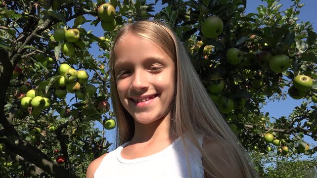 Kid by Apple Tree, Child in Orchard, Farmer Kid in Garden, Fruits in Tree, Girl at Village at Countryside