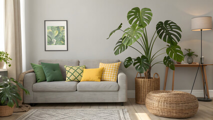 Neutral toned living room with grey sofa lush plants and yellow accents serene ambiance