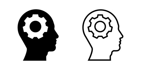 Mind icon set. Black and White Minimalist Head Profile with Gear Inside Mind Icon
