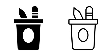 Pencil Box icon set. Minimalist Outline Plant Pot with Tools Icon in Black and White