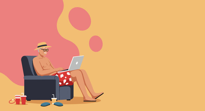 A senior man relaxes in an armchair, using a laptop in a vibrant, leisurely setting, embodying remote work and a modern retirement lifestyle. - Powered by Adobe