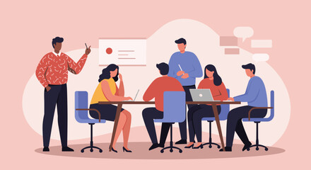 Diverse business team collaborating in a modern office meeting, discussing ideas and strategy. Ideal for corporate productivity and professional development concepts.