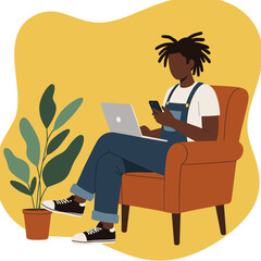 Relaxed person using laptop and phone in a comfortable armchair at home. Represents remote work, digital lifestyle, and multitasking.