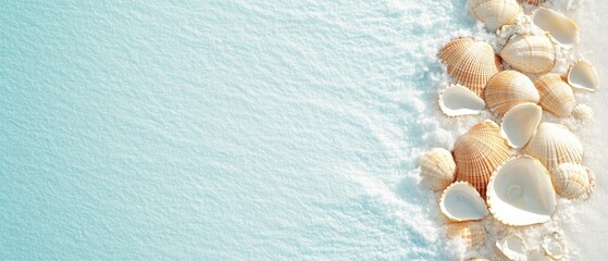 Seashells rest on a white sandy beach near light blue ocean water with gentle waves creating a tranquil seaside view.