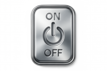 Metal power switch featuring on/off labels, highlighting power control functionality against transparent backdrop