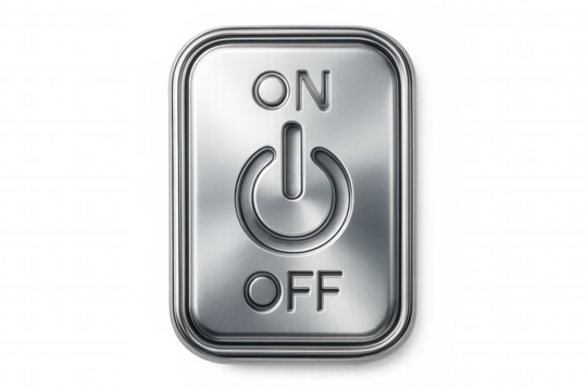 Metal power switch featuring on/off labels, highlighting power control functionality against transparent backdrop
