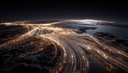 Aerial view of a network of glowing city lights at night