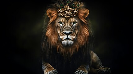 Obraz premium A powerful portrait of a majestic wild lion with a huge mane on a black background