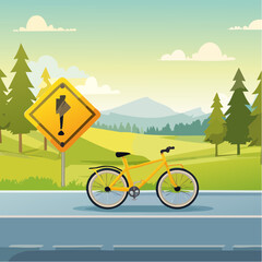 Bicycle Caution Sign in Bright Yellow, Safety Alert on Roadway, Clear Visibility for Drivers.