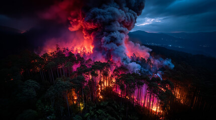 Aerial top view forest tree of ecological disaster of fires. Lungs from forest trees and fire concept. Ecology and environment creative idea. Breath of planet earth