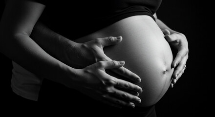A pregnant woman's belly is being held by a pair of hands in a tender and loving embrace.