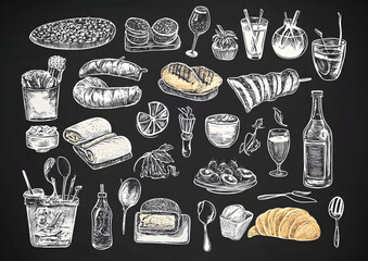 Assorted food items displayed on a chalkboard surface showcasing a variety of culinary delights with artistic presentation and rustic charm.