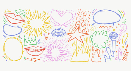 Colorful punk music drawn doodles set with lips, hearts, stars, flames, crowns, comic sketch elements. Crayon sketch kid style illustration for posters wall art.