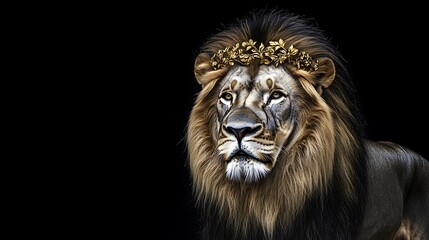 Obraz premium A striking portrait of a majestic lion with a fierce gaze against a solid black background