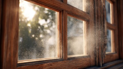 Close-up of a vintage wooden window with clear glass panes, sunlight streaming through, dust particles visible in the air, ultra-realistic, 50mm lens, soft daylight 