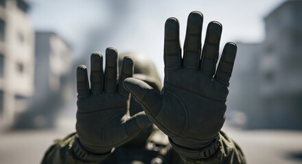 Soldier in a helmet making a stop gesture with his hands in a war-torn city street