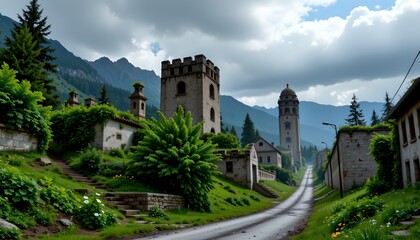 Naklejka premium A quaint European village nestled in a mountainous area.