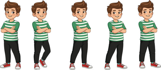 Cartoon boy character, arms crossed, striped shirt, red sneakers, design variations, illustration set, animation asset, graphic style comparison, cute pose