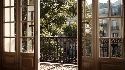 French-style balcony doors with glass panes, overlooking a Paris street, morning light, 50mm DSLR realism 
