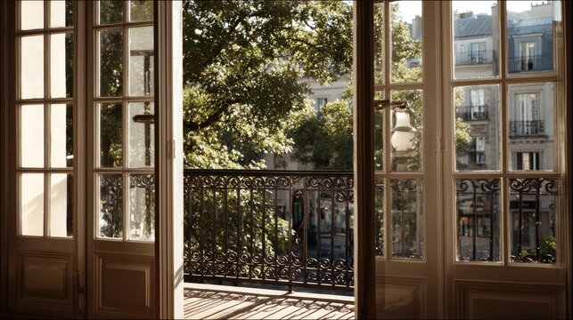 French-style balcony doors with glass panes, overlooking a Paris street, morning light, 50mm DSLR realism 