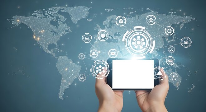 Hands holding a tablet computer with a blank screen, displaying a global network of interconnected symbols over a world map background.