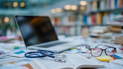 A dynamic clinical science study setup featuring a stethoscope, diagnostics guide, and laptop amidst notes and pens.