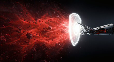 Powerful robotic arm concept deploys an advanced energy shield, successfully repelling a destructive crimson force, showcasing futuristic defense technology