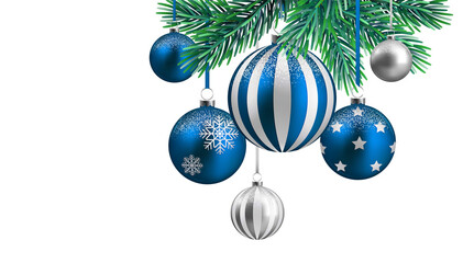 Border with green fir branches, stars, balls isolated on transparent background.	