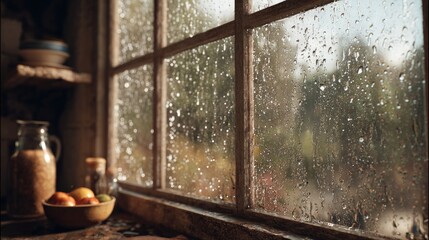 Glass window in a rustic kitchen, raindrops sliding down, soft cloudy light outside, warm and realistic 
