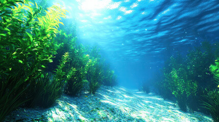 Obraz premium Underwater scene with vibrant aquatic plants and sunlight filtering through water, creating serene and tranquil atmosphere