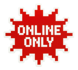 Red burst sticker featuring ONLINE ONLY in bold pixelated style, attention-grabbing retail discount promo on transparent background.