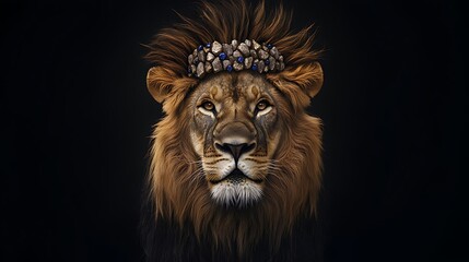 Fototapeta premium A striking portrait of a male lion with a powerful mane, capturing the face of the king of the jungle