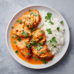 Chicken tikka masala with rice, an overhead isolated view of Indian curry on a plate for menu. Asian food