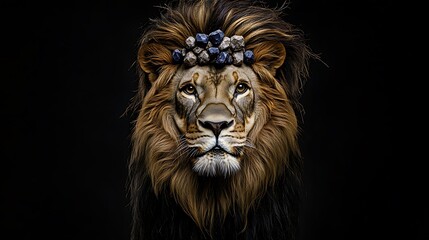 Fototapeta premium A striking portrait of a male lion with a powerful mane, capturing the face of the king of the jungle