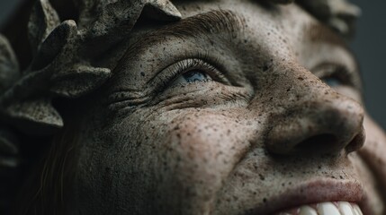Ancient Stone Statue Gaze: Detailed Macro of Sculpted Face with Blue Eye